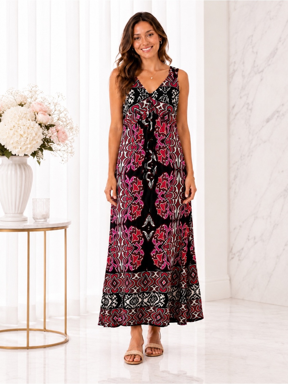 Notations Black Multi Aztec Print Sleeveless Maxi Dress Boho NWT M